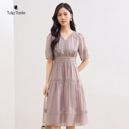 郁香菲V領(lǐng)連衣裙女氣質(zhì)優(yōu)雅夏季時尚勾花鏤空收腰蕾絲花邊A字裙 浪漫紫 S