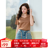 LAGOGO含桑蠶絲舒適純色T恤女拉谷谷2025夏新款簡(jiǎn)約通勤V領(lǐng)上衣 咖啡色 S