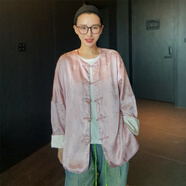 FAYINYOO減齡新中式真絲提花外套女國(guó)風(fēng)對(duì)襟盤(pán)扣撞色袖舒適百搭上衣O51185 粉紅色 L