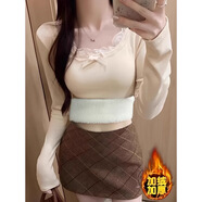 歐妤加絨加厚蝴蝶結蕾絲打底衫女裝秋冬新款洋氣內搭短款修身顯瘦上衣 杏色【加絨款】 M 建議90-100斤