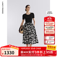 朗姿雙色針織拼接撞色印花連衣裙2025年夏季新款a字高腰碎花裙 夜幕黑色 XL