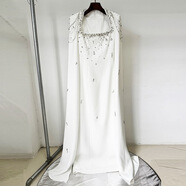 現貨歐美明星晚禮服2025新款重工釘珠掛鏈披肩袖及地長(cháng)款連衣裙 白色 L