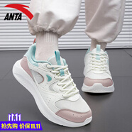 安踏（ANTA）女鞋運動鞋女款2025秋季新款皮面防潑水輕便軟底跑步鞋子 -1象牙白/藕灰/豆綠 37.5