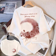 一寸相思多巴胺白色短袖t恤女純棉夏裝2026夏季新款爆款寬松大碼體恤上衣 白色-月亮玫瑰 XL (125-145斤）