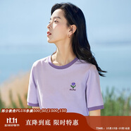 茵曼涼感撞色繡花女裝正肩短袖t恤2025夏季新品打底襯衫上衣 淡紫色 S