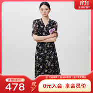 敦奴（DUNNU）dunnu敦奴2024夏季新款茶歇裙法式V領(lǐng)雪紡印花連衣裙女 正黑色 S