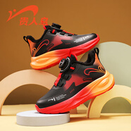 貴人鳥(niǎo)童鞋男童鞋子女孩防水皮面兒童運動(dòng)鞋防滑軟底小孩跑步鞋 黑桔紅（加絨大棉） 36 內長(cháng)23.0/腳長(cháng)22.0