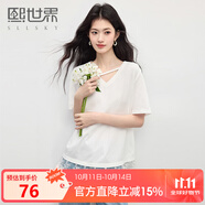 熙世界（sllsky）白色蕾絲拼接短袖T恤2025夏季新款寬松休閑獨特V領上衣 云朵白 L