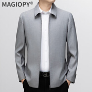 MAGIOPY高端品牌高檔春秋季年羊毛夾克男爸爸裝中年翻領(lǐng)休閑男士外套 淺灰色 M 170/48