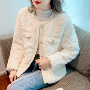 AEMAPE羊羔毛小香風(fēng)外套女秋冬加厚寬松新款圓領(lǐng)彷皮草毛毛絨小個子棉服 米白色[內(nèi)里夾棉] M 96110