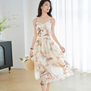 米思陽(yáng)（missshine）2025夏季新款新中式國風(fēng)天絲連衣裙收腰綁帶A字中長(cháng)裙2189 米杏色現貨直發(fā) M