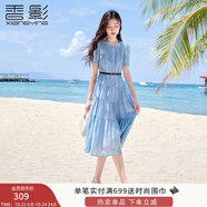 香影藍(lán)色泡泡袖連衣裙女2025夏季新款法式超好看風(fēng)琴褶正肩高腰裙 藍(lán)色 XL