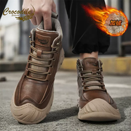 鱷魚(yú)恤真皮馬丁靴男款冬季防滑加絨保暖棉鞋戶(hù)外厚底增高高幫男鞋 紅棕加絨款 44