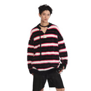 執笙記美式復古撞色條紋毛衣外套潮牌歐美街頭cleanfit連帽針織衫男線(xiàn)衣 紅色 L