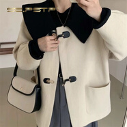 夏典素訂女王（SE.PSTP）歐洲站撞色娃娃領(lǐng)小個(gè)子毛呢外套女設計感皮扣子寬松仿羊絨大衣 米白色 M 110-120斤