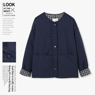子陌圓領(lǐng)面包服配色格高級感洋氣短款棉服外套女保暖冬款25新 藏青色 L  建議125-135斤