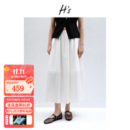H's高支高密全棉半身裙女25夏新款A字傘裙抽繩松緊腰通勤花苞腰裙 本白 M