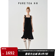 茶·愫【儀式千金】puretea茶愫蝴蝶結(jié)吊帶花瓣裙擺絲絨裙禮服裙25夏新 石墨黑 M