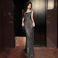 亮閃閃重工燙鉆吊帶連衣裙拖地長(cháng)裙女歐美輕奢名媛風(fēng)包臀禮服長(cháng)裙 黑色燙鉆吊帶連衣裙（普通版） L