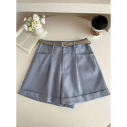 韓國chic天絲洗水棉工裝短褲女夏簡(jiǎn)約洋氣質(zhì)日系顯瘦A字百搭熱褲 藍色送腰帶 M M