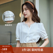 茵曼（INMAN）田園木耳邊短袖襯衫女2025夏季文藝繡花時(shí)尚純棉舒適襯衣 霜白色 XL