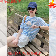 韓曼蕊歐洲站2025春裝新款女裝藍(lán)色條紋印花T恤感上衣歐貨穿搭 藍(lán)色印花【2025新款/今年流行/小 S (80-95斤)