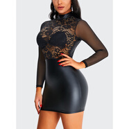TOPMELON彈力蕾絲露背高領(lǐng)長(cháng)袖皮裙歐美夜店無(wú)袖包臀PU緊身連衣裙 黑色 S