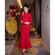 紅色旗袍中式西裝訂婚祝酒禮服新娘婚紗裙子女士返鄉(xiāng)休閑服秋冬長 酒紅色兩件套 2XL
