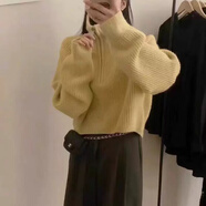 SATCHI2025歐美半拉鏈高領套頭毛衣女款時尚美拉德色系穿搭針織上衣 淺黃色 均碼
