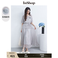InShop【商場(chǎng)同款】新款溫柔玫瑰裝飾鏤空針織衫女飄逸長(cháng)裙兩件套 淺灰色 M