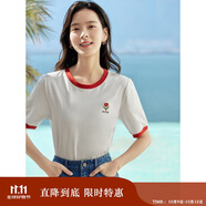 茵曼涼感撞色繡花女裝正肩短袖t恤2025夏季新品打底衫上衣 珍珠白1 S