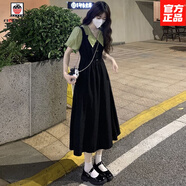 AEMAPE2025夏季新款學(xué)院風(fēng)法式收腰兩件連衣裙短袖顯瘦裙子長裙 綠色拼接連衣裙 M 【建議100斤內(nèi)】