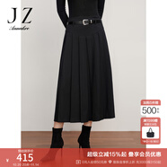 玖姿·安娜蔻通勤皮質(zhì)腰帶輕熟風(fēng)壓褶百褶半身裙女冬款 素黑 XL