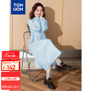 唐獅（TonLion）2025女翻領(lǐng)長(cháng)袖襯衫連衣裙百搭韓版減齡高級感時(shí)髦潮 天藍 S