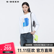 S.DEER圣迪奧女裝時(shí)尚圓領(lǐng)撞色印花寬松白色T恤S22180217 白色/90 S/160