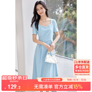 尚都比拉輕職場連衣裙女夏季收腰中長裙泡泡袖裙子 淺藍(lán)色152L80063  M