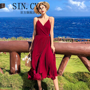 SIN.CYC度假吊帶連衣裙女夏季海邊百褶沙灘長(zhǎng)裙女雪紡超仙V領(lǐng)流行裙子 櫻桃紅 M