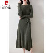 皮爾卡丹（pierre cardin）100羊毛連衣裙秋冬季女時尚圓領針織羊毛長裙純色長款抽繩A字裙子 橄欖綠【品質(zhì)】 S 建議80-95斤