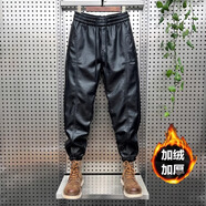 語(yǔ)森憶大碼秋冬季加絨加厚男女PU皮褲騎手防水防風(fēng)保暖褲潮牌拼接小腳褲 黑色加絨甄選好物 M M建議80-105斤