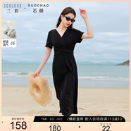 三彩大碼女裝2025夏季新款交叉綁帶小黑裙連衣裙V領(lǐng)短袖氣質(zhì)胖MM