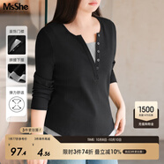 MsShe【長袖假兩件針織衫】大碼女裝2025秋裝胖mmT恤遮肚巨顯瘦毛衣 短袖【V領(lǐng)】黑色現(xiàn)貨 3XL