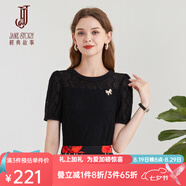 經(jīng)典故事（JANE STORY）2025新款氣質(zhì)短袖蕾絲上衣女夏季法式罩衫蕾絲衫圓領(lǐng)泡泡袖T恤 R05黑色 M