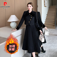 皮爾卡丹加厚毛呢長(cháng)款冬裙套裝兩件套韓劇女主穿搭高級感小香風(fēng)冬季連衣裙 黑色套裝(夾棉) S