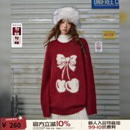 UNIFREE甜美少女感蝴蝶結櫻桃撞色提花寬松圓領毛衣 紅色 M