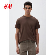 H&M男裝女裝T恤秋季透氣圓領短袖運動上衣短袖內搭打底衫0685816 棕色252 S 170/92