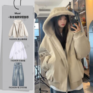 主意范（ZHUYIFAN）連帽座山雕皮衣外套棉服男女款冬季加絨加厚保暖毛領(lǐng)棉衣夾克潮牌 三件套杏色【座山雕棉衣+長(cháng)袖T恤+藍色牛仔褲】 2XL 145-160斤