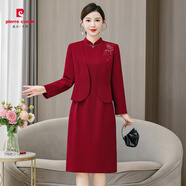皮爾卡丹年輕媽媽禮服2025春秋季新款媽媽禮服洋氣喜婆婆婚宴裝平時(shí)可穿 紅套裝兩件套 2XL 大碼