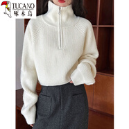 啄木鳥（TUCANO）美式復(fù)古毛衣女2025冬季新款外搭甜酷風(fēng)蝙蝠袖半拉鏈休閑套頭上衣 白色 S 【80斤-90斤穿】