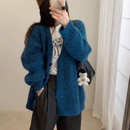 小紅書爆款慵懶風(fēng)寬松軟糯花色中長(zhǎng)款毛衣女秋冬外套針織開衫韓國 深藍(lán)色 S85-105斤 均碼