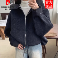 皮爾卡丹（pierre cardin）秋冬新款小眾設計感寬松休閑百搭可拆卸拼接連帽毛呢短外套女 黑色 均碼